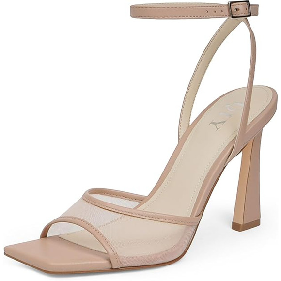 Nude Mesh Ankle Strap Stiletto Strappy High Heels Square Toe Y2K Revival Size 7 - Picture 7 of 7